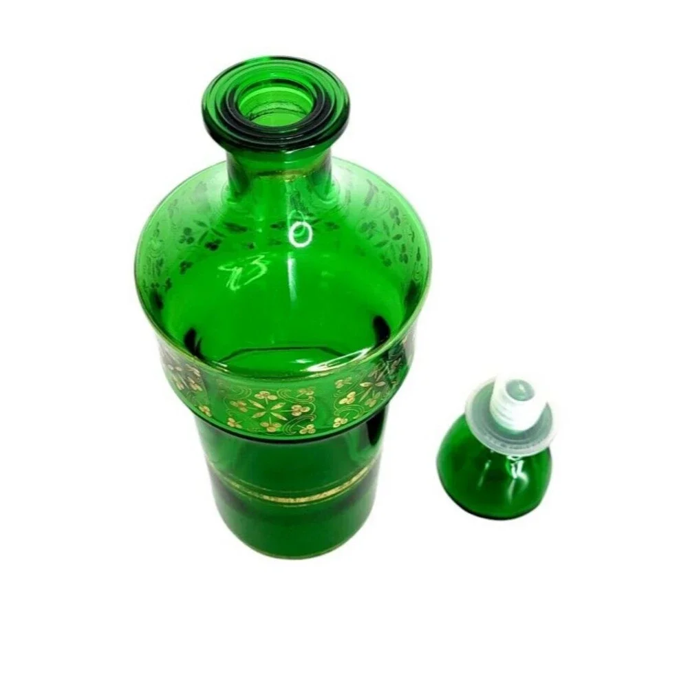 VTG MCM 60s JAY Emerald Green Glass Barware Liqueur Decanter 24kt Gold Clovers